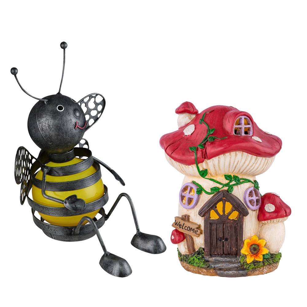 Solar Figuren für Außen Deko Feenhaus Gartendeko Fliegenpilz Lampe Biene Figur Garten, Metall Kunststoff, LED, 2er Set