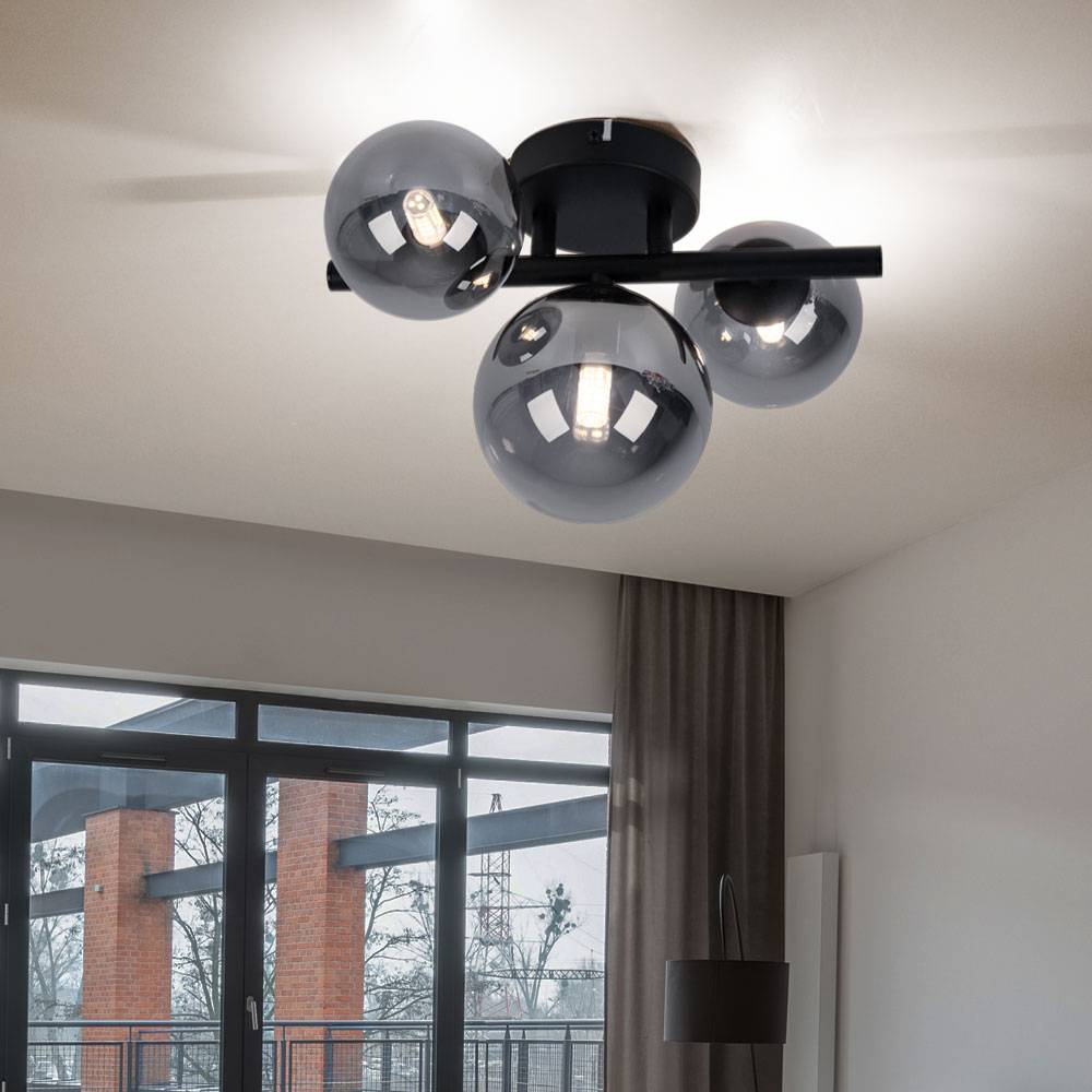 Deckenleuchte mit Glas Strahler Kugel Deckenlampen Glaskugeln Esstisch, LED schwarz 3 flammig, 3x 3,5 W 3x 350lm 3000K, BxH 21x28 cm