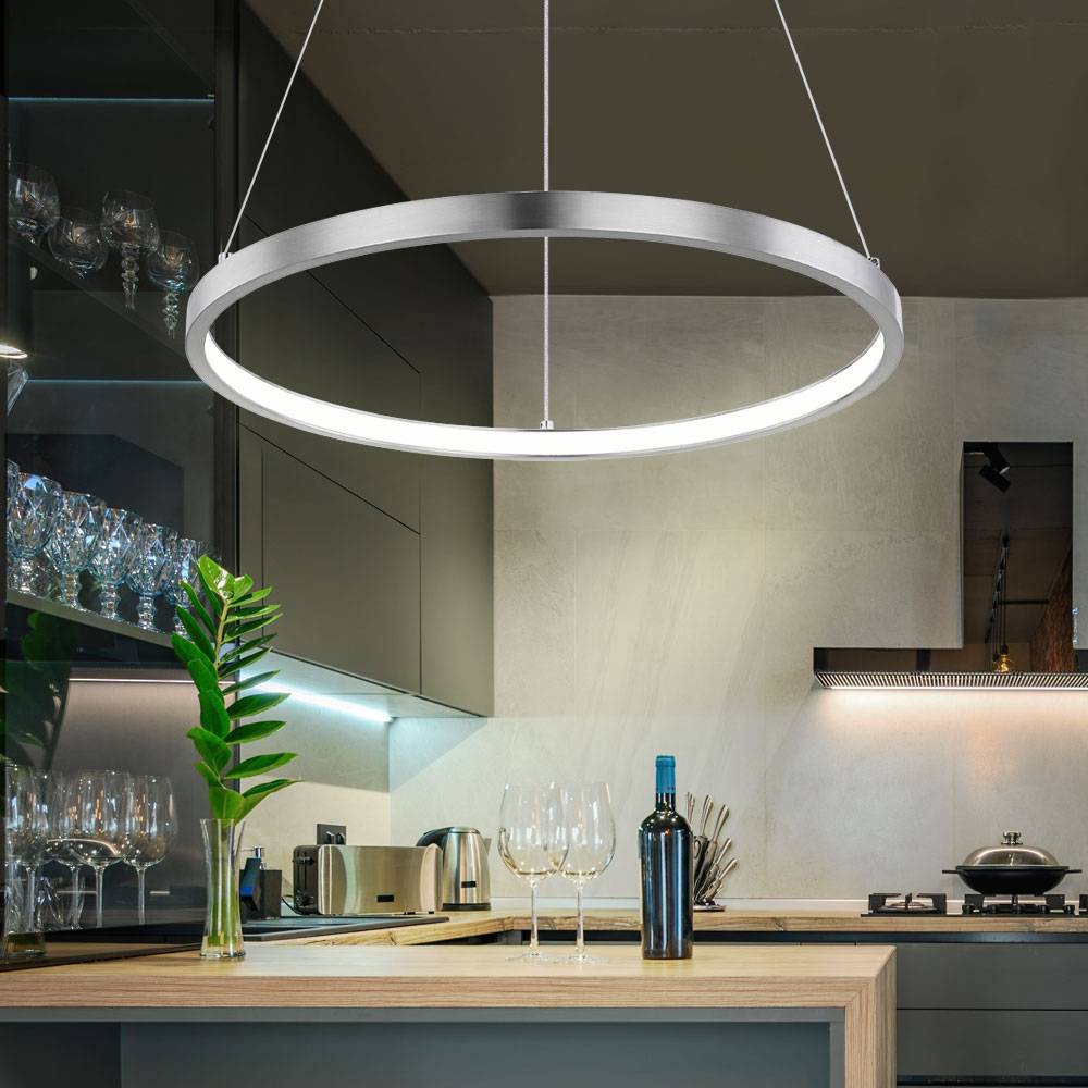 Hängeleuchte LED Lampen Ring silber rund Pendelleuchte Wohnzimmer hängend Modern, aus Metall in Nickel-Matt Opal, 1x LED 19W 900Lm warmweiß, TxH 38