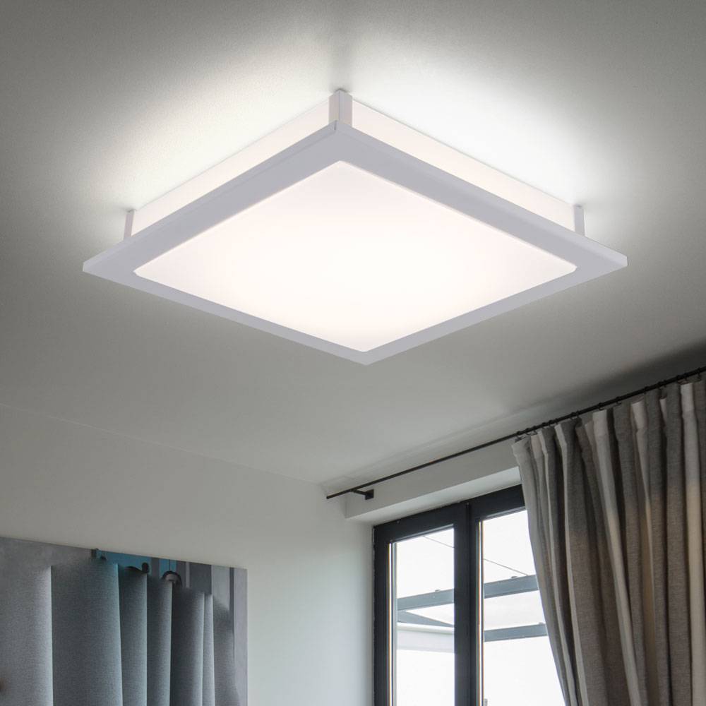 LED Deckenleuchte eckig Esszimmer Deckenpanel Wohnzimmer Deckenlampe weiß, aus Stahl und Glas, 1x LED 18W 1506Lm warmweiß, LxH 38,5x6,5 cm