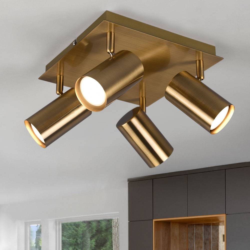 Deckenlampe verstellbare Strahler Deckenstrahler Küche Retro Wohnzimmerlampe 4 flammig, aus Metall in altmessing, 4x GU10, LxH 24x15 cm