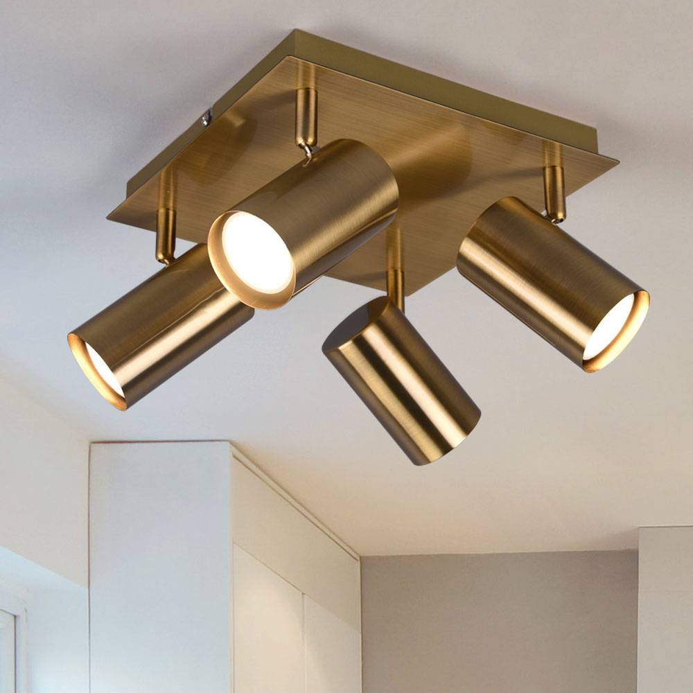 Deckenlampe verstellbare Strahler Deckenstrahler Küche Retro Wohnzimmerlampe 4 flammig, aus Metall in altmessing, 4x GU10, LxH 24x15 cm