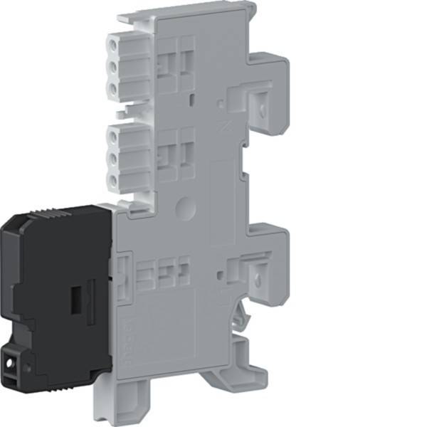 Ein einzelnes, graues und schwarzes modulares elektrisches Gerät mit mehreren Anschlussports, das für die Montage auf einer Hutschiene konzipiert ist.