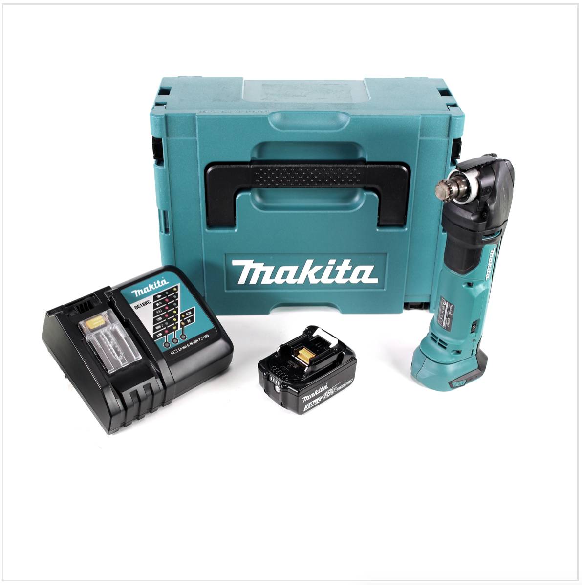 Makita DTM 51 RF1J 18V Li-Ion Akku Multifunktionswerkzeug im Makpac + 1x 3,0 Ah Li-Ion Akku + Akku Schnellladegerät