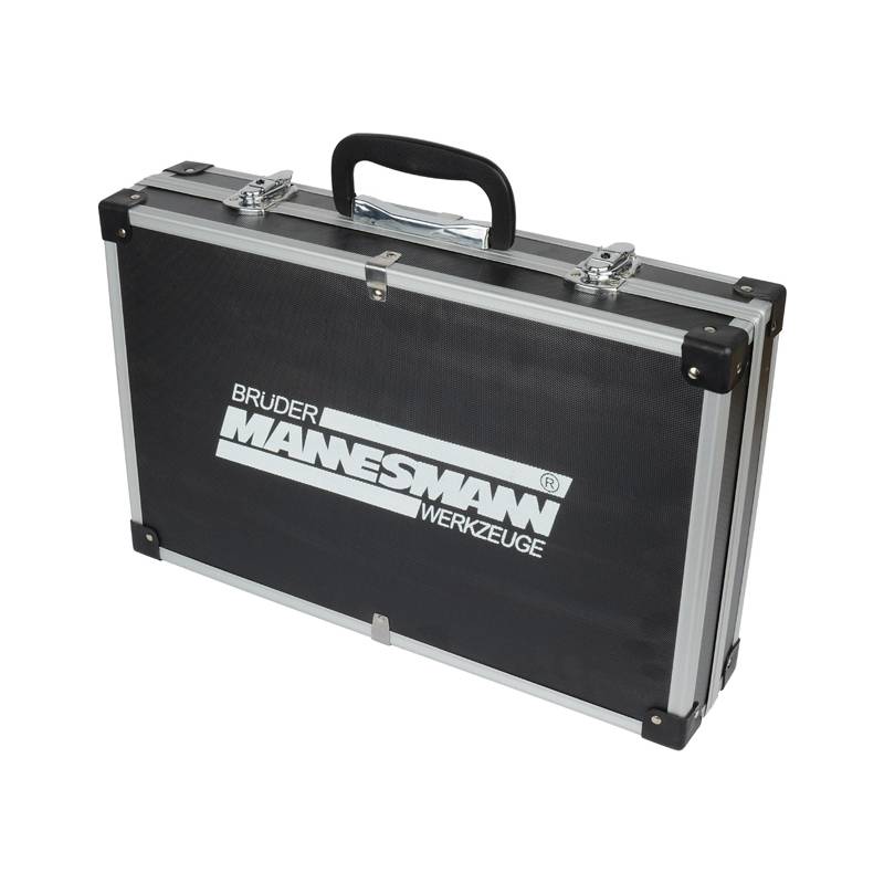 Eine schwarze und silberne Werkzeugkiste mit einem Griff. Das Etikett trägt die Aufschrift 