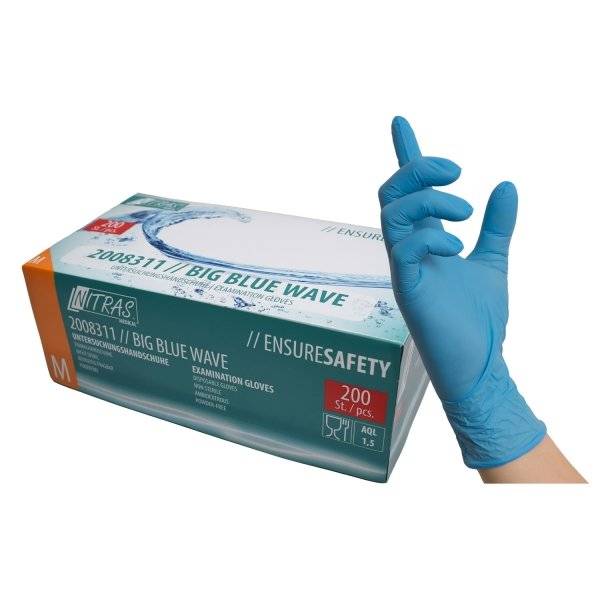 Nitras 2008311 Big Blue Wave, Nitril-Einmalhandschuhe, blau - 1 Packung = 200 Stück, Größe: XL