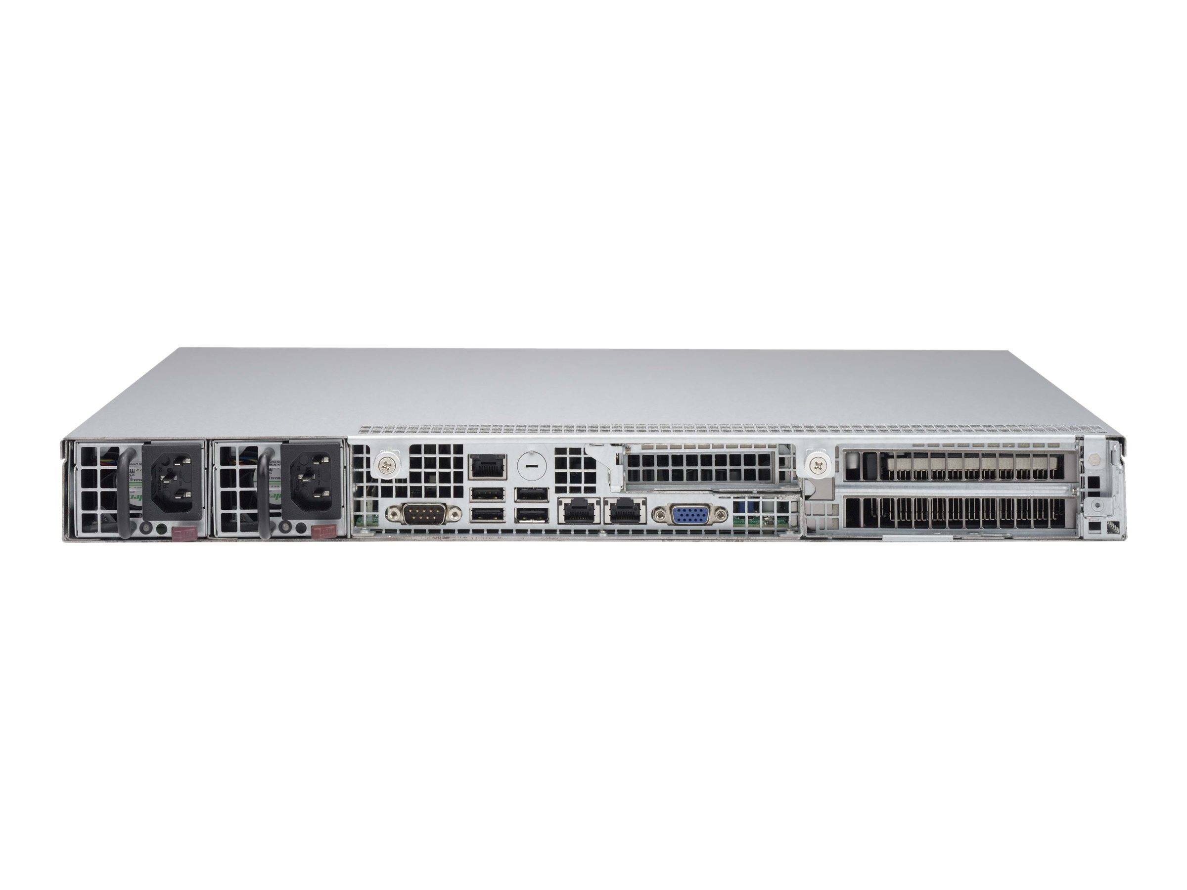 Rückansicht eines Rack-Mount-Servers mit Stromversorgungsmodulen, Kühlventilatoren und mehreren Netzwerk- und Videoanschlüssen auf weißem Hintergrund