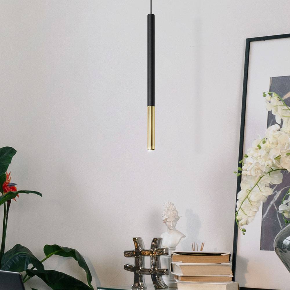 Pendelleuchte schwarz Metall Hängeleuchte schwarz Zylinder Hängelampe schwarz Modern, aus Stahl mit gold Akzent, 1x LED 4W 400 lm, DxH 8x110 cm