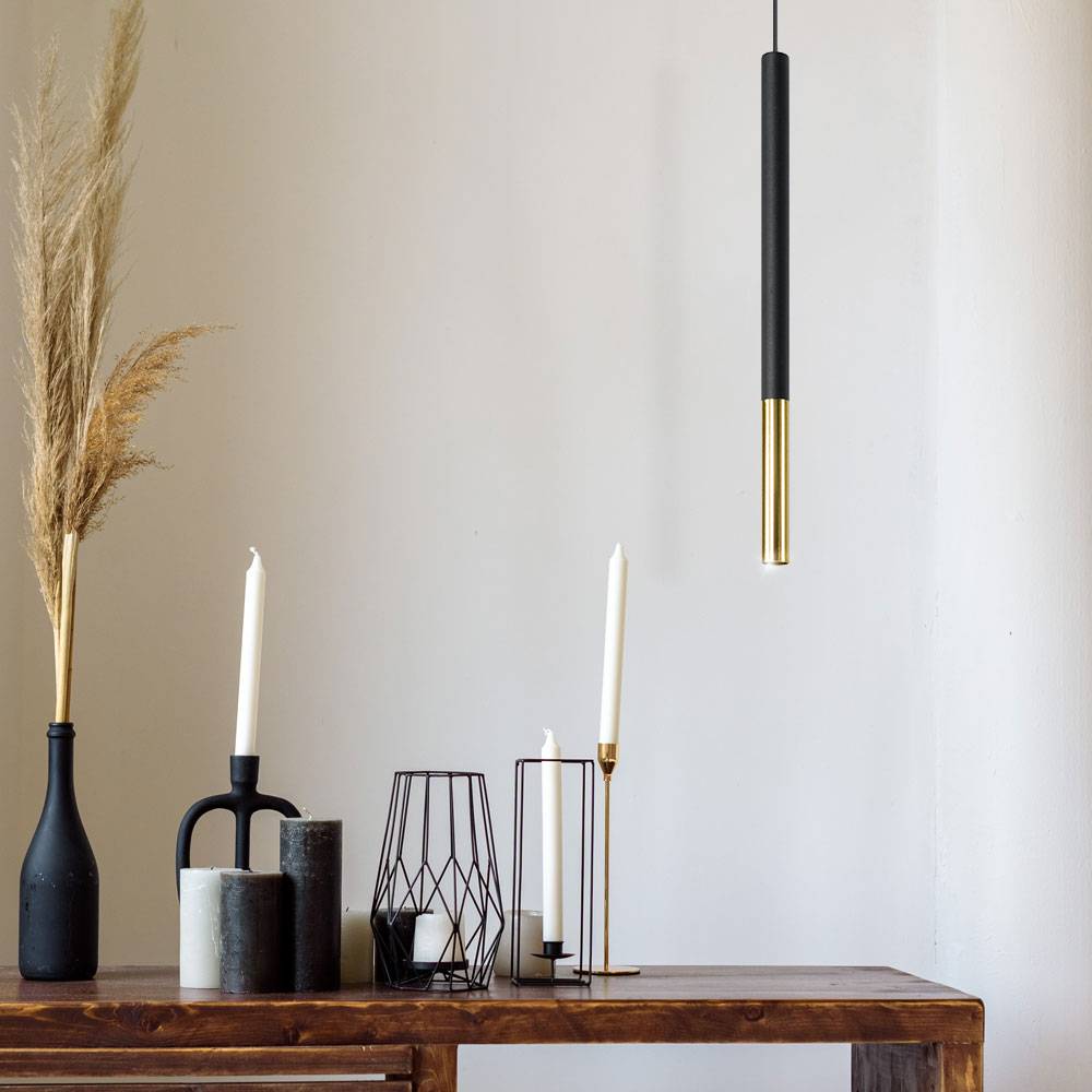 Pendelleuchte schwarz Metall Hängeleuchte schwarz Zylinder Hängelampe schwarz Modern, aus Stahl mit gold Akzent, 1x G9, DxH 8x110 cm