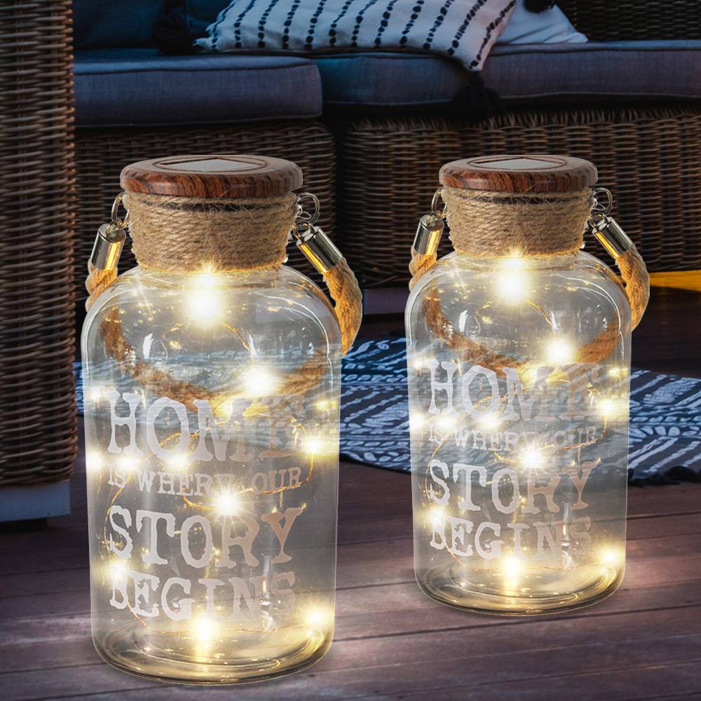 LED Hängeleuchten Solar Schalter 20 cm Solarleuchten Garten Deko Solarlampen für Außen Hanfseil Glas, Schriftzug, Hanfseil braun, 10xLED 0,06W 3lm