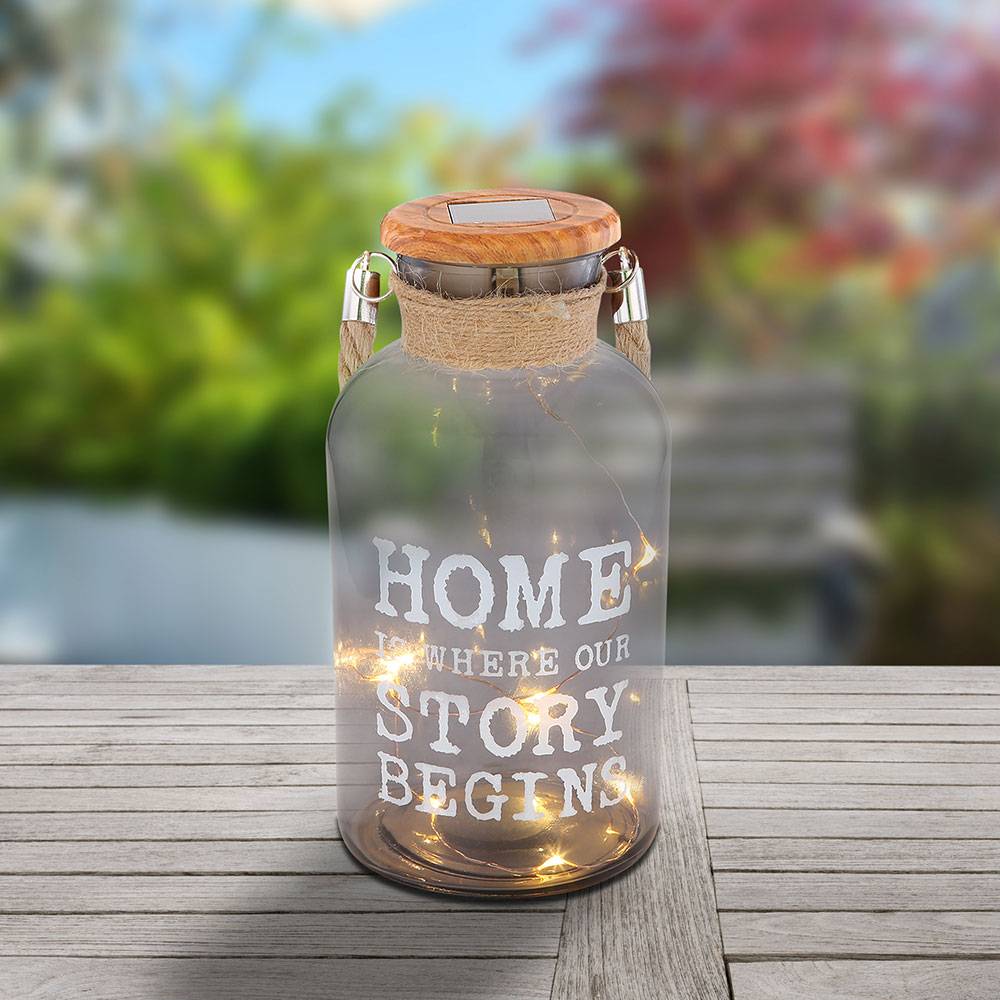 LED Hängeleuchte Solar Schalter 20 cm Solarleuchte Garten Deko Solarlampe für Außen Hanfseil Glas, Schriftzug, Hanfseil braun, 10x LED warmweiß,