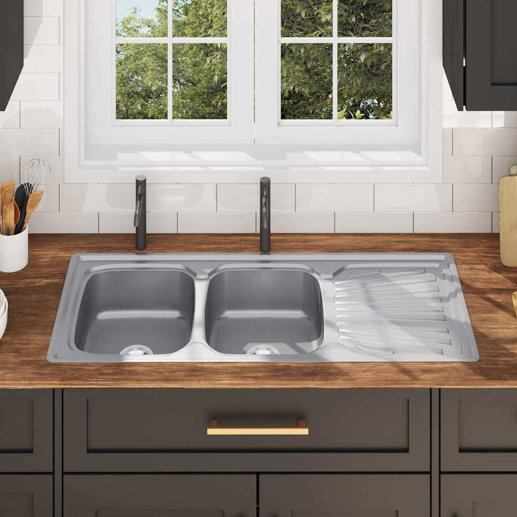 vidaXL Küchenspüle Doppelbecken mit Sieb & Siphon Edelstahl