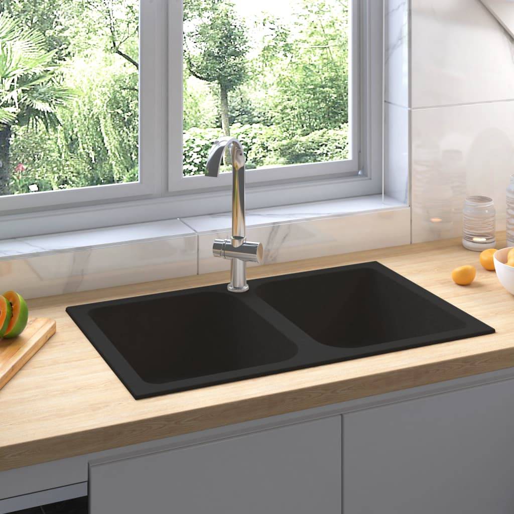 vidaXL Küchenspüle mit Überlauf Doppelbecken Schwarz Granit