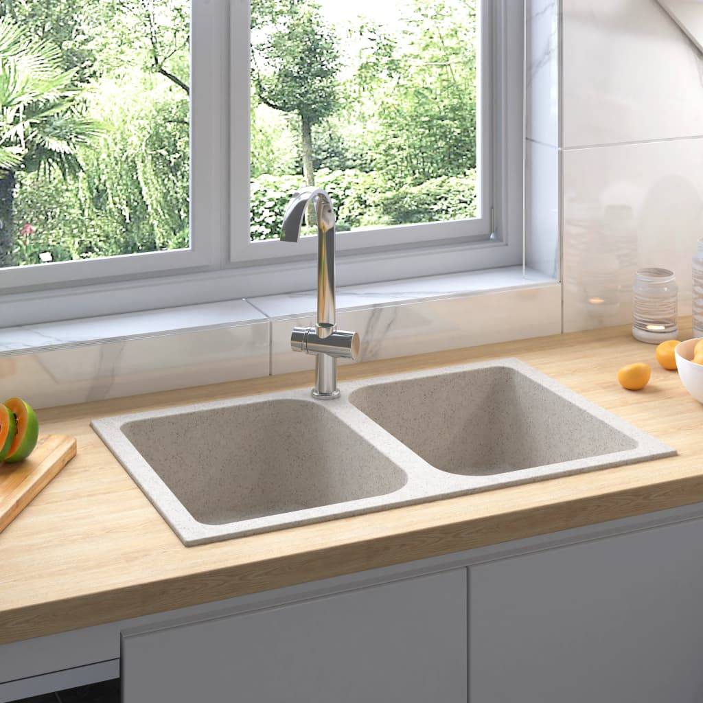 vidaXL Küchenspüle mit Überlauf Doppelbecken Beige Granit