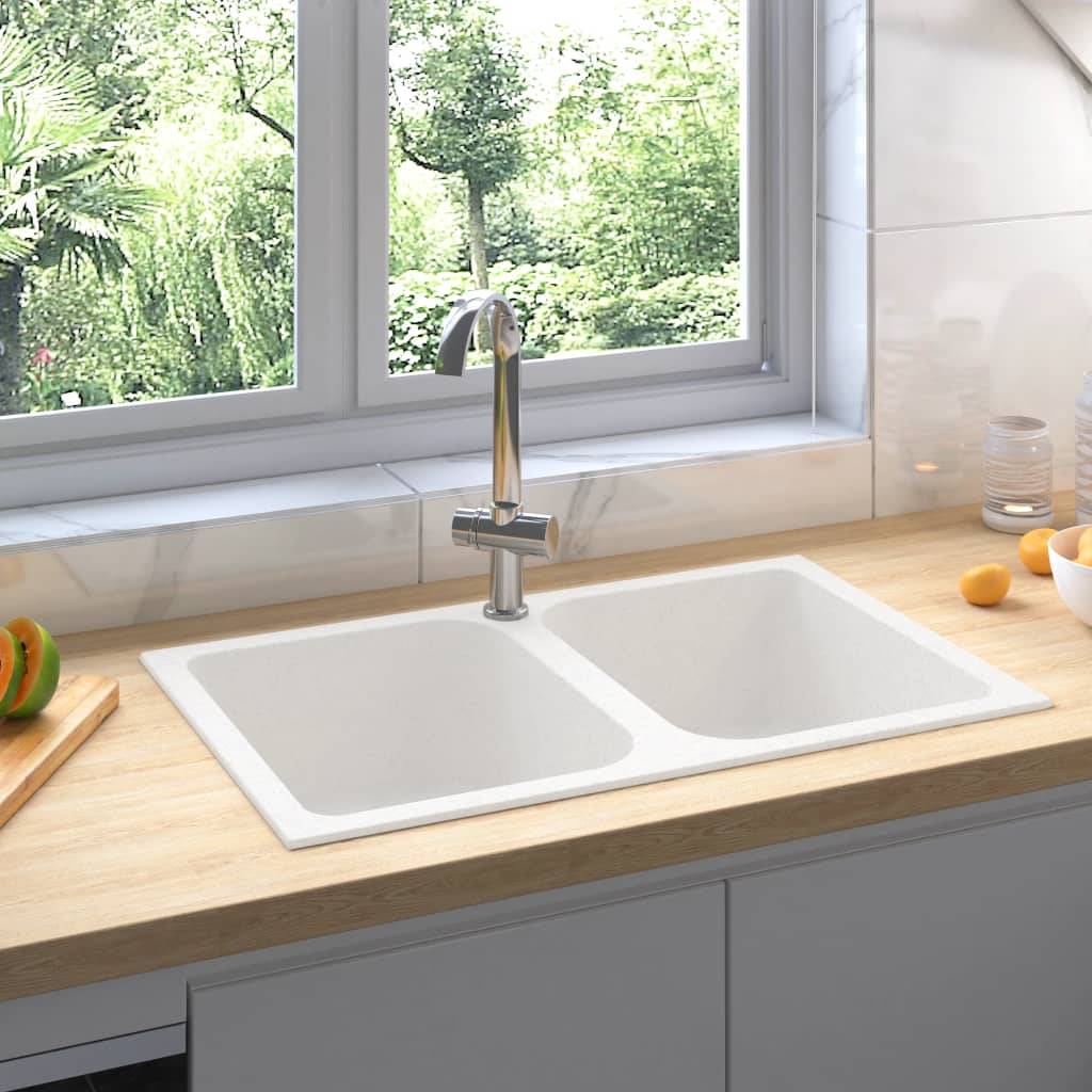 vidaXL Küchenspüle mit Überlauf Doppelbecken Weiß Granit