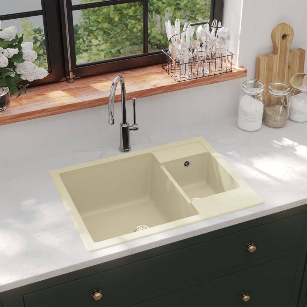 vidaXL Küchenspüle mit Überlauf Doppelbecken Beige Granit
