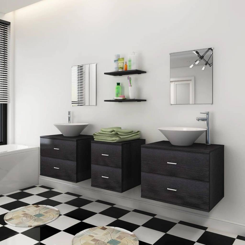 vidaXL 9-tlg. Badmöbel-Set mit Waschbecken und Wasserhahn Schwarz