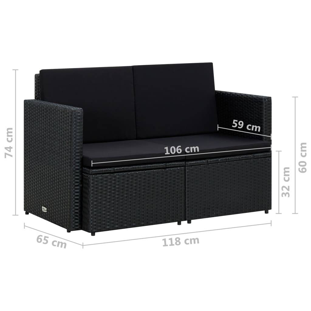 vidaXL 2-Sitzer-Gartensofa mit Auflagen Schwarz Poly Rattan