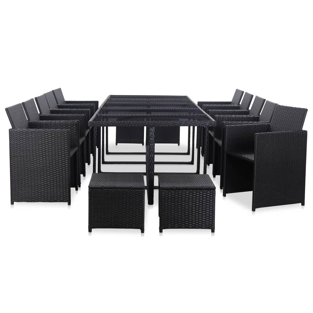 vidaXL 15-tlg. Garten-Essgruppe mit Kissen Poly Rattan Schwarz