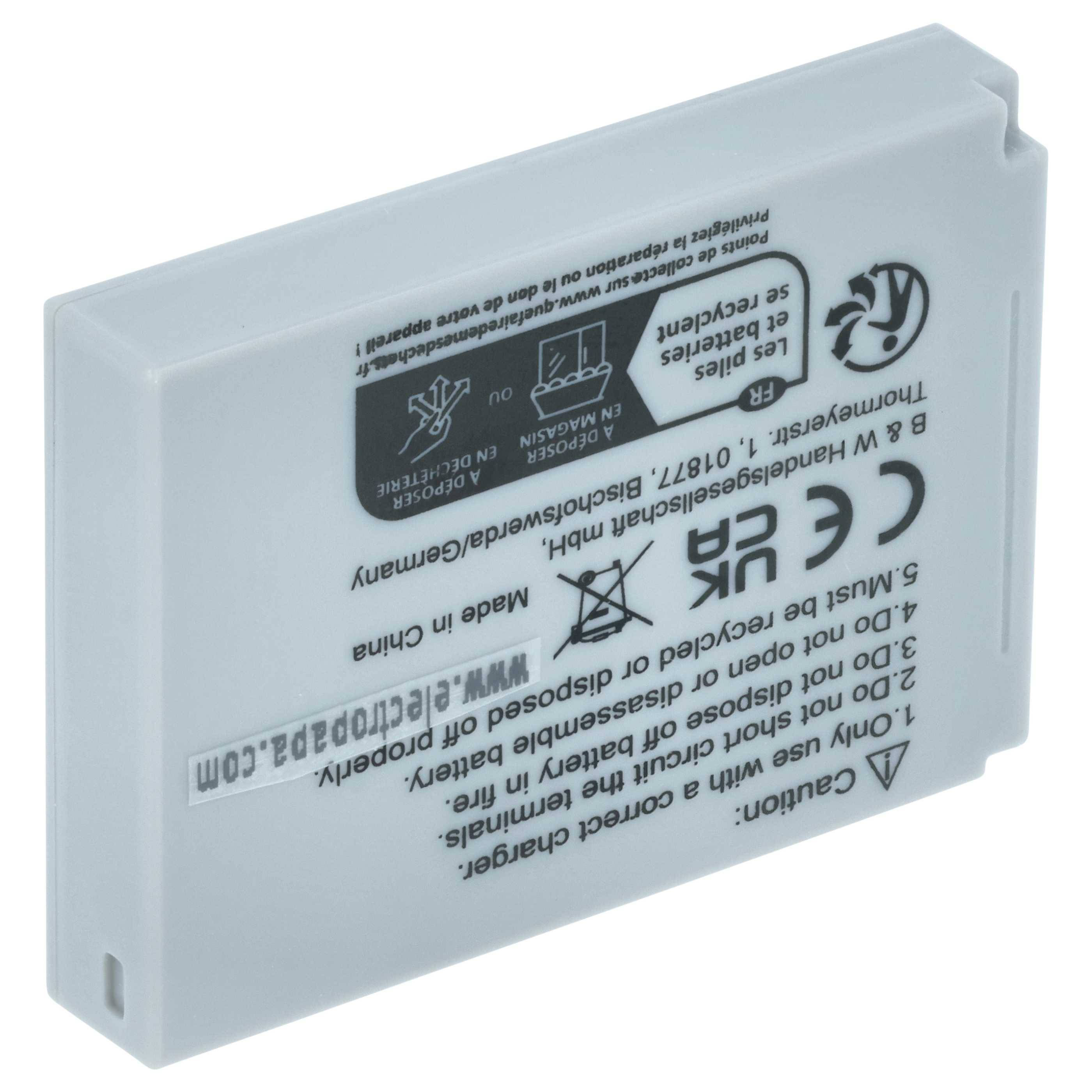 Eine weiße Batterie mit Sicherheits- und Recycling-Symbolen, technischen Spezifikationen auf Englisch und Deutsch, und der Website 'www.bt.roh9054br.de'.
