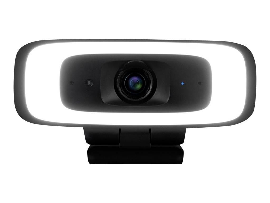 Eine schwarze Webcam zentriert in einem weißen ovalen Ringlicht, in der Frontalansicht auf weißem Hintergrund dargestellt.