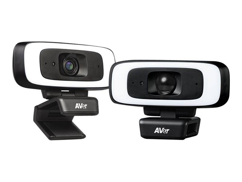 Zwei AVer USB-Webcams auf weißem Hintergrund, die Vorderansichten mit Objektiven und verstellbaren Clips zeigen.