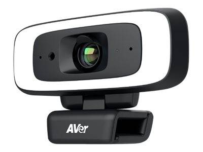 Schwarze AVer-Webcam mit weißem Frontpanel und zentralem Objektiv, dargestellt auf einer Halterungsklammer vor neutralem Hintergrund.