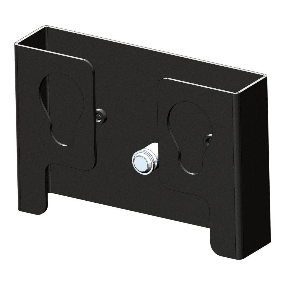 Eine schwarze Metallhalterung mit zwei Schlüssellochöffnungen und einer zentralen Schraubenbefestigung, die zur Wandmontage von Hardware verwendet wird.