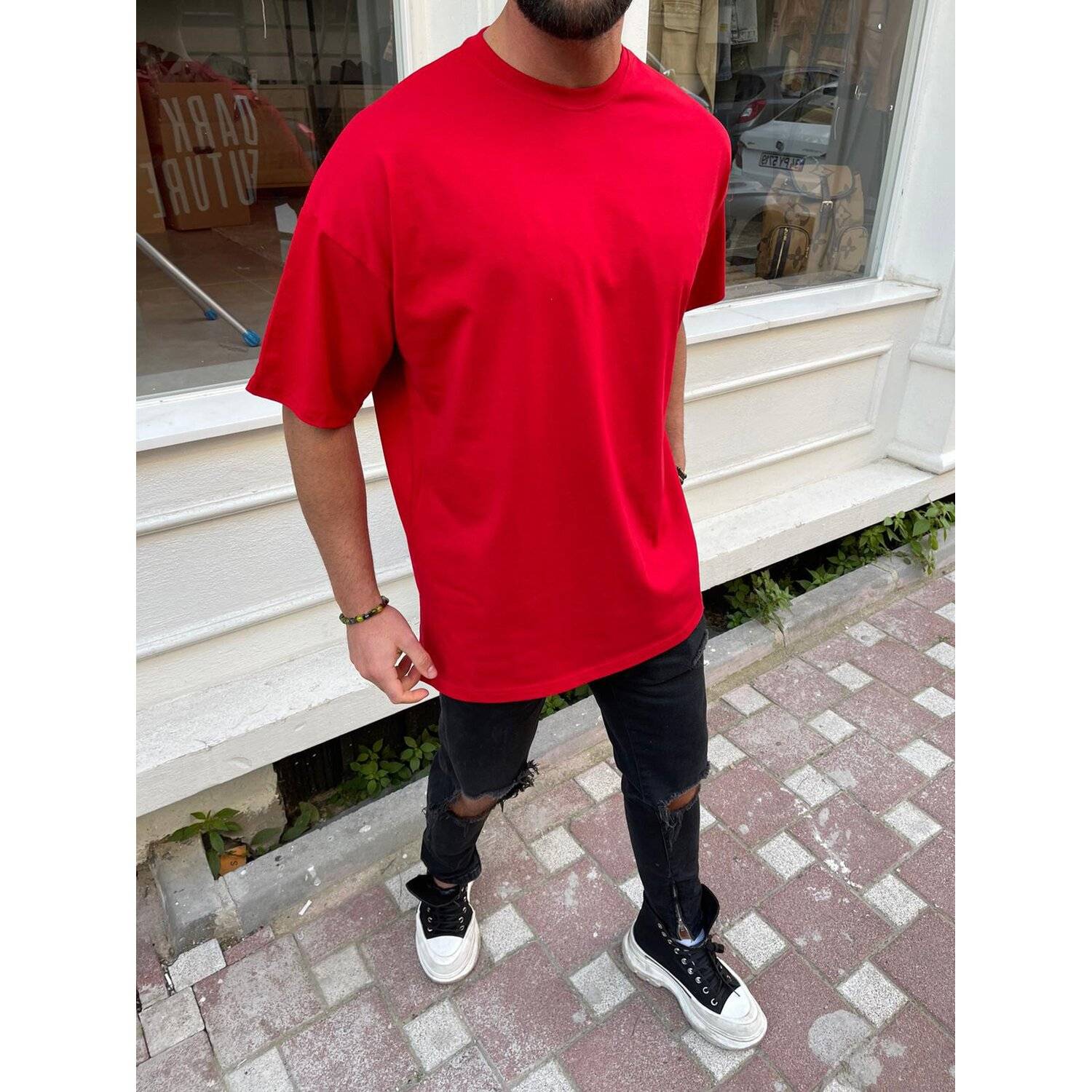 Oversize Herren Kurzarm T-Shirt Weiter Auschnitt Extra Lang Rundhals Herrenshirt L Rot