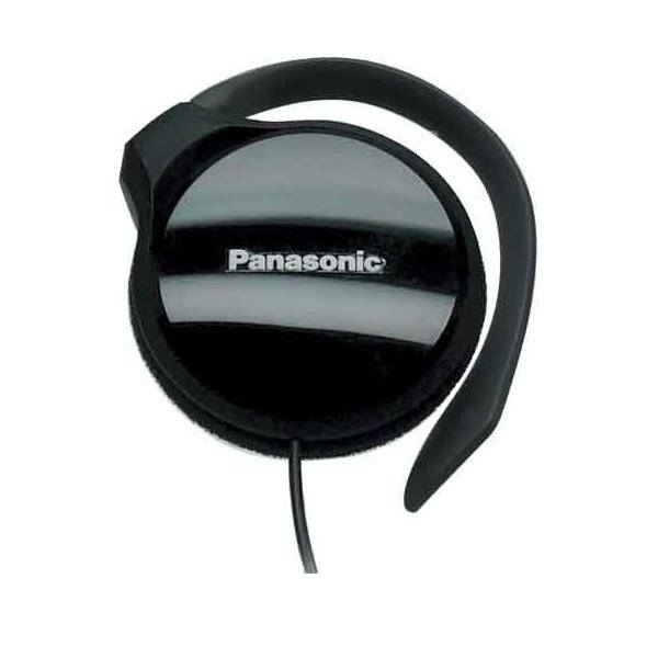 Eine schwarze Panasonic Ohrhörer-Kopfhörer mit kreisförmigem Design und angeschlossenem Kabel, ausgestattet mit einem sicheren Clip für bequemes Tragen.