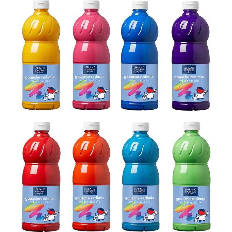 Acht Flaschen Lefranc & Bourgeois Gouache-Fertigfarbe in verschiedenen Farben, einschließlich Gelb, Rosa, Blau, Lila, Rot, Orange, Cyan und Grün.