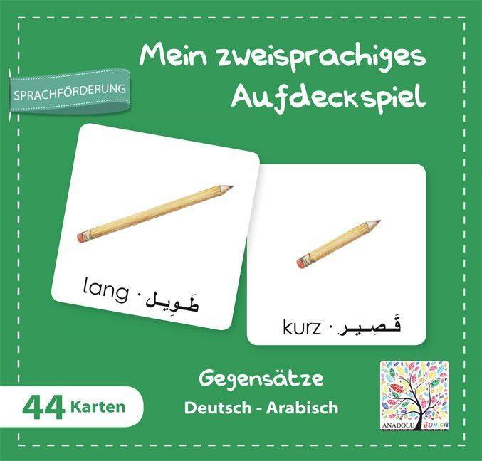 Mein zweisprachiges Aufdeckspiel , Gegensätze, Deutsch-Arabisch (Kinderspiel) Deutsch-Arabisch, Mein zweisprachiges Aufdeckspiel, 44 Karten, Sprachf