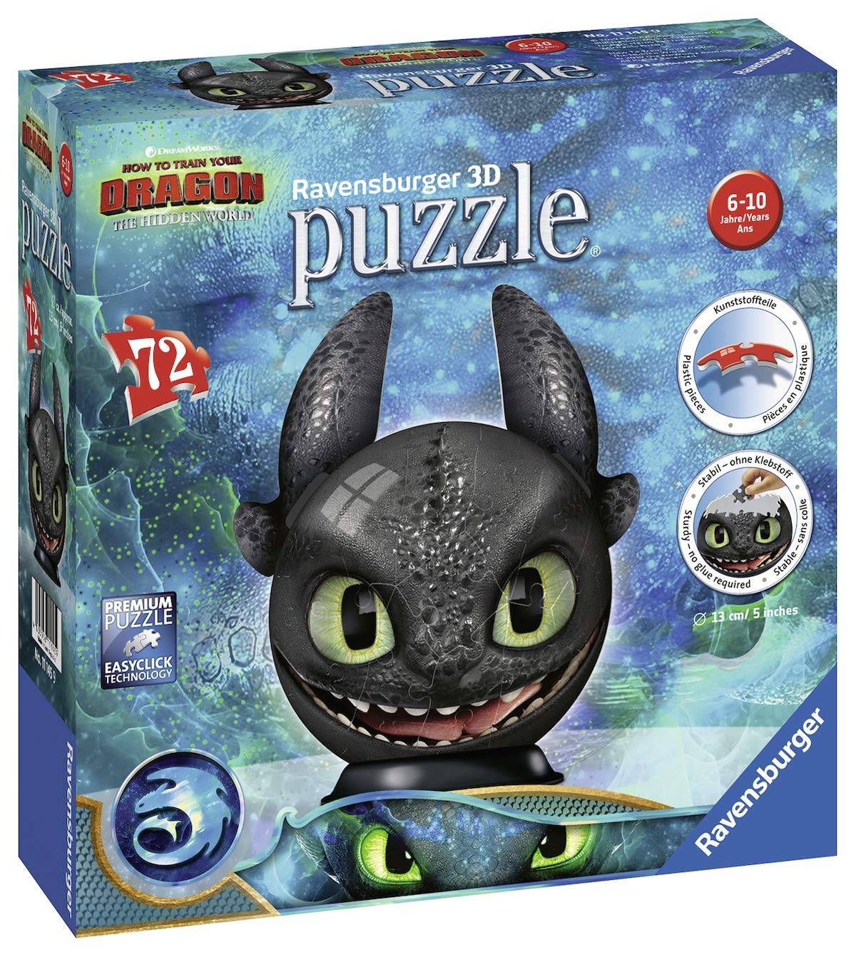 Ravensburger 11145 - Dragon 3, The Hidden World, Ohnezahn mit Ohren, Puzzleball, 3D Puzzle, Kinderpuzzle, 72 Teile Erlebe Puzzeln in der 3. Dimension