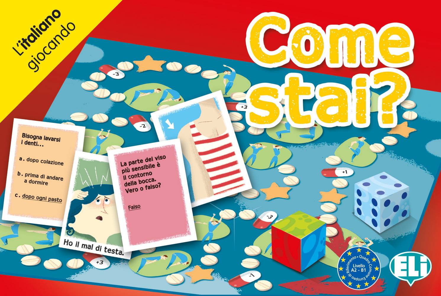 Come stai? (Spiel) Niveau A2-B1. Game Box mit Spielbrett, Zahlenwürfel, Farbwürfel, 132 Spielkarten und Anleitung