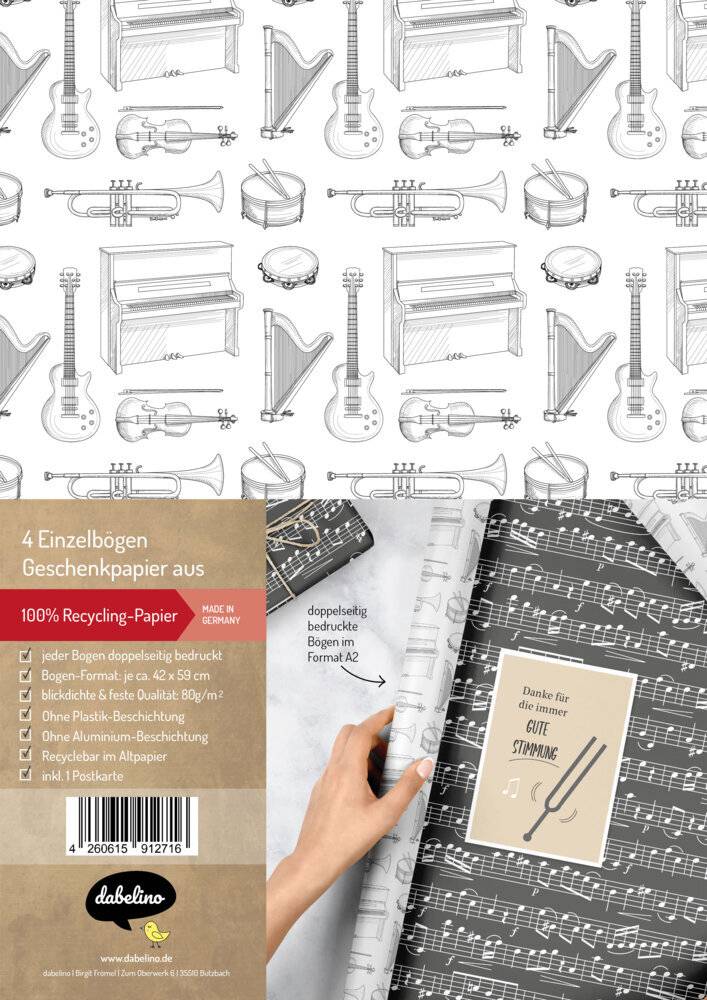 Geschenkpapier-Set: Musik/ Instrumente/ Noten 4x Einzelbögen + 1x Postkarte