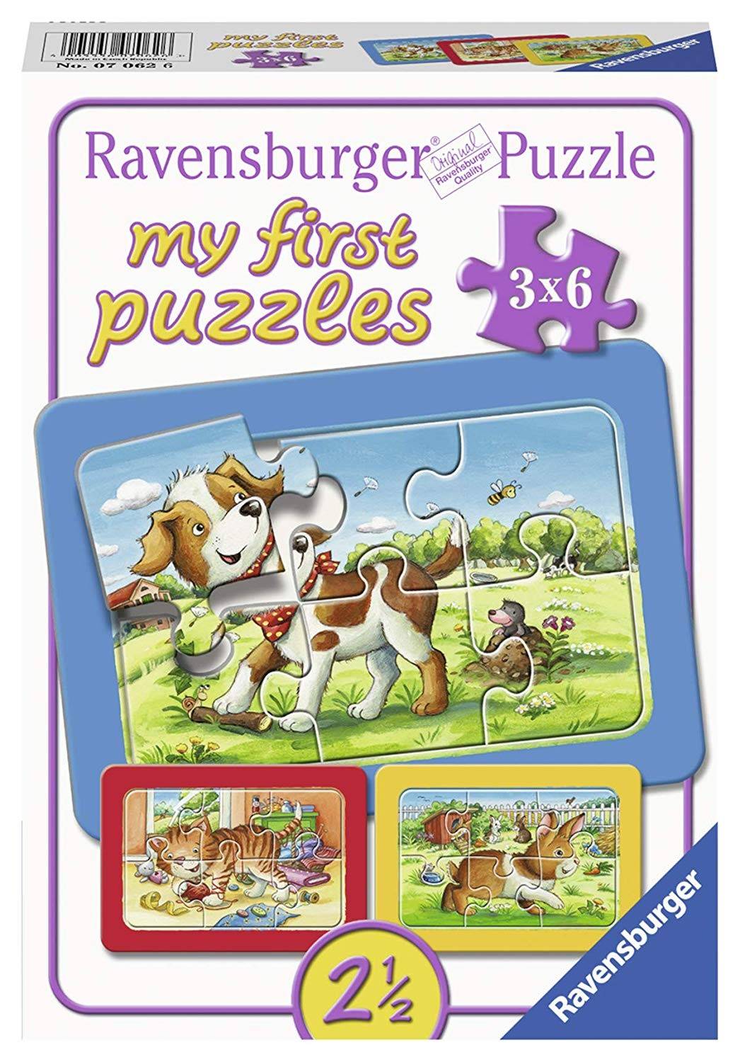 Ravensburger 07062 - My first puzzles, Meine Tierfreunde, Puzzle, 3x6 Teile Anzahl Teile: 6, Maße (B/H): 21 x 15 cm, Rahmenpuzzle, 3 verschiedene