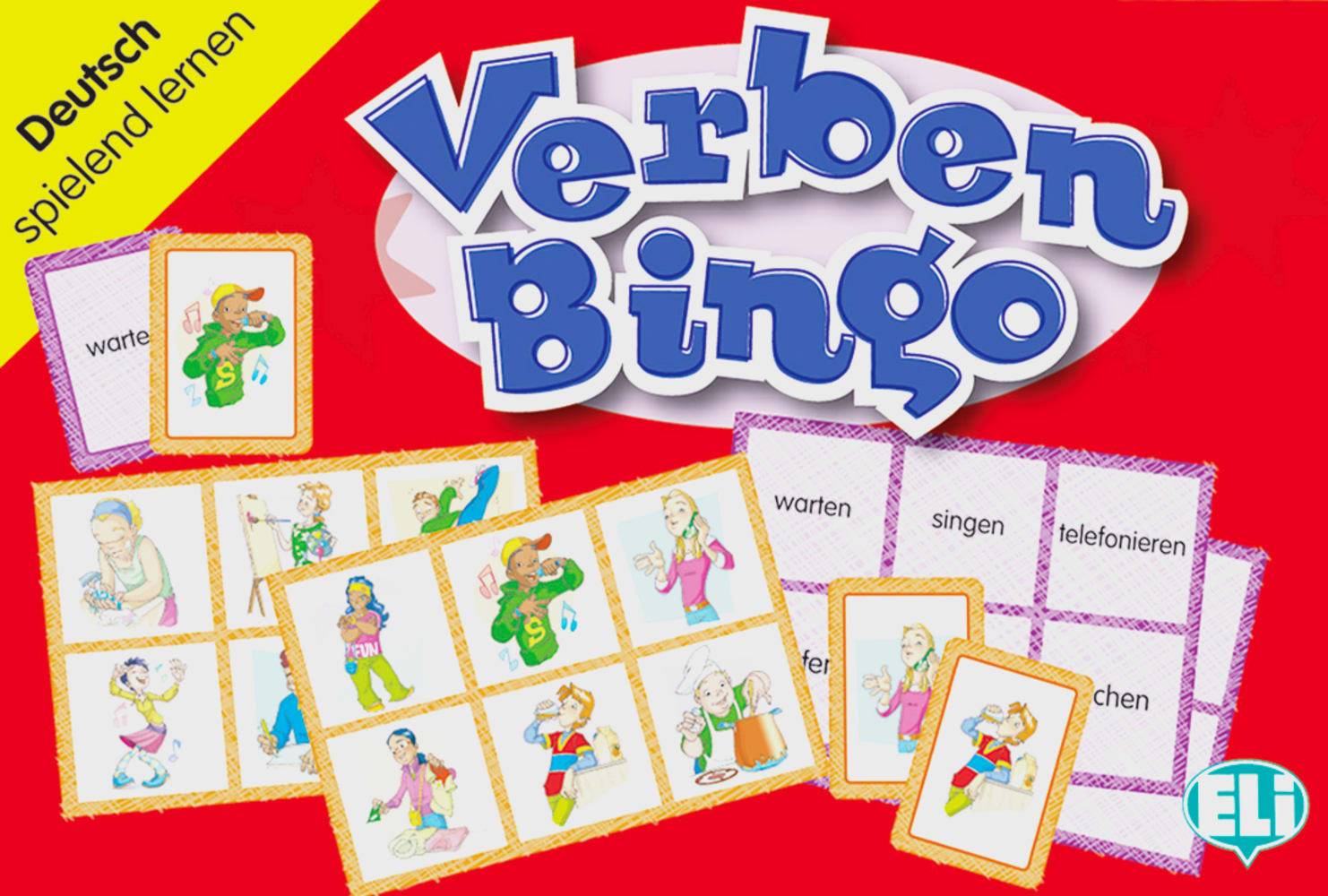 Verben-Bingo (Spiel) 66 Karten, 36 Spielbretter, Lehrerhandreichung