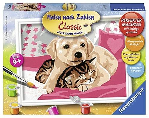Ravensburger 28031 - Malen nach Zahlen, Beste Freunde Mit farbigen Motivlinien, Jeder kann malen, Set mit 10 Acrylfarben auf Wasserbasis, Pinsel, pass