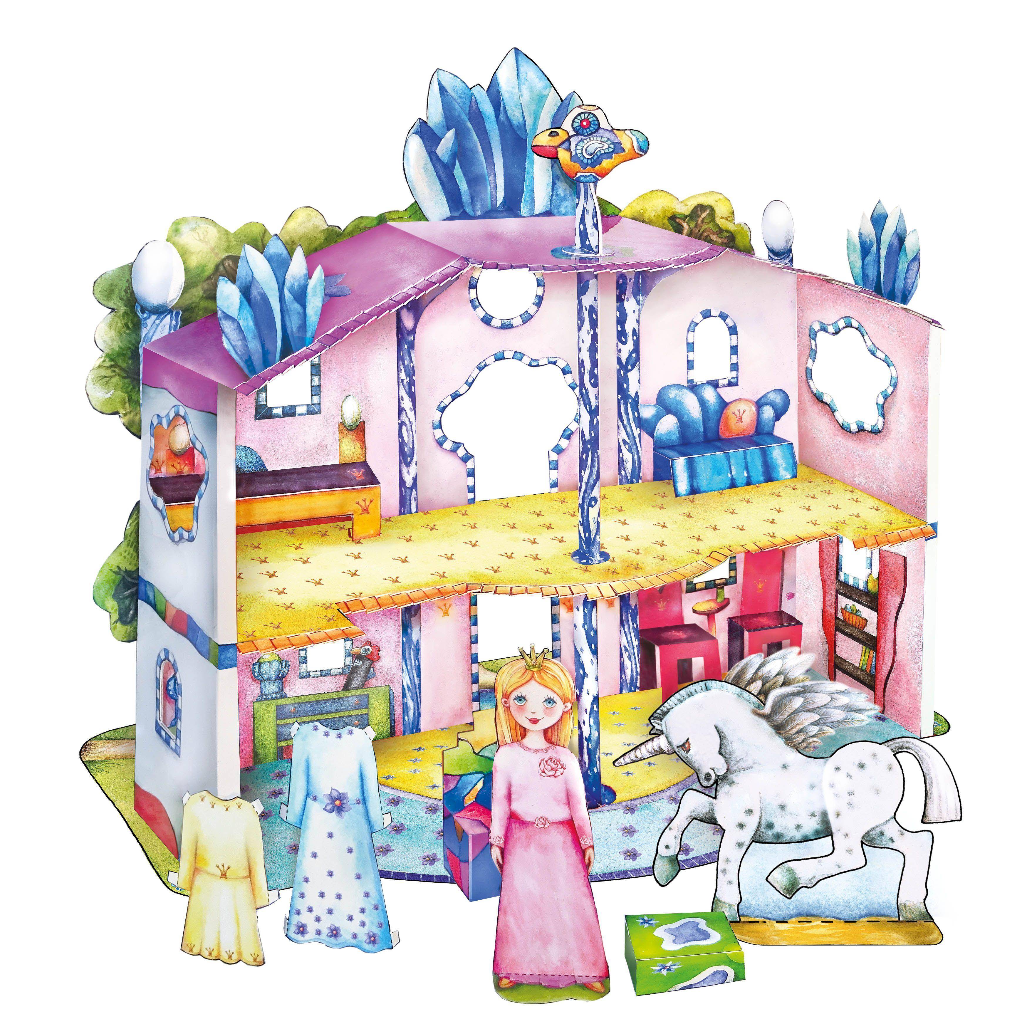Bastelbogen Feenhaus mit Anziehpuppe 3d bespielbares Puppenhaus für Prinzessin und Einhorn. Fördert Feinmotorik & logisches Denken