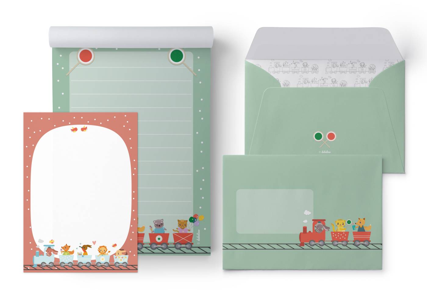 Liniertes Briefpapier-Set für Kinder: Eisenbahn/ Zug (für Mädchen und Jungen) 25 Blatt + 10 Umschläge + 1 Malblock