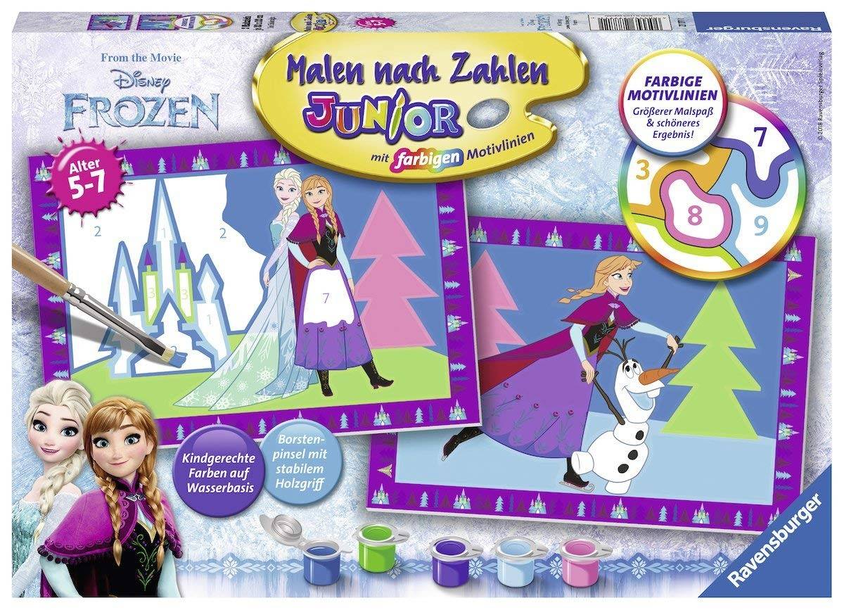 Ravensburger 27771 - Disney Frozen Die Eiskönigin, Malen nach Zahlen Junior Mit farbigen Motivlinien, 2 Maltafeln 32 x 22 cm, Mit 5 Acrylfarben auf W