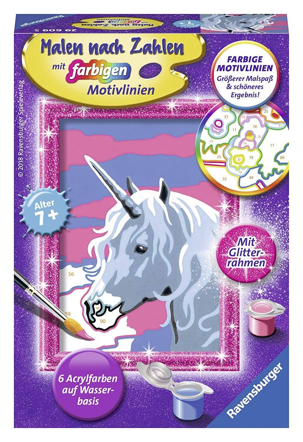 Ravensburger 29609 - Einhorn, Malen nach Zahlen, mit Glitterrahmen Mit farbigen Motivlinien. Mit Leuchtfarbe!