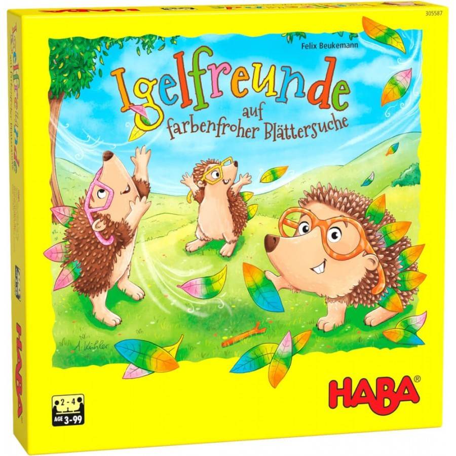 HABA 305584 - Igelfreunde, Brettspiel, Familienspiel 4 Igel (bestehend aus 3 Igelteilen & 1 Brille), 30 Blätter, 1 Würfel, 1 Laubbeutel, 1 Spielanle
