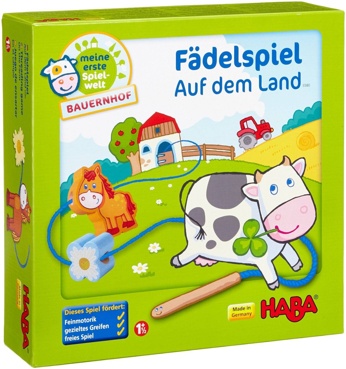 HABA 5580 - Meine erste Spielwelt Bauernhof: Fädelspiel auf dem Land 2 Fädelschnüre mit Stall, 1 Kuh, 1 Kalb, 1 Pferd, 1 Fohlen, 1 Kleeblatt, 1 Blu