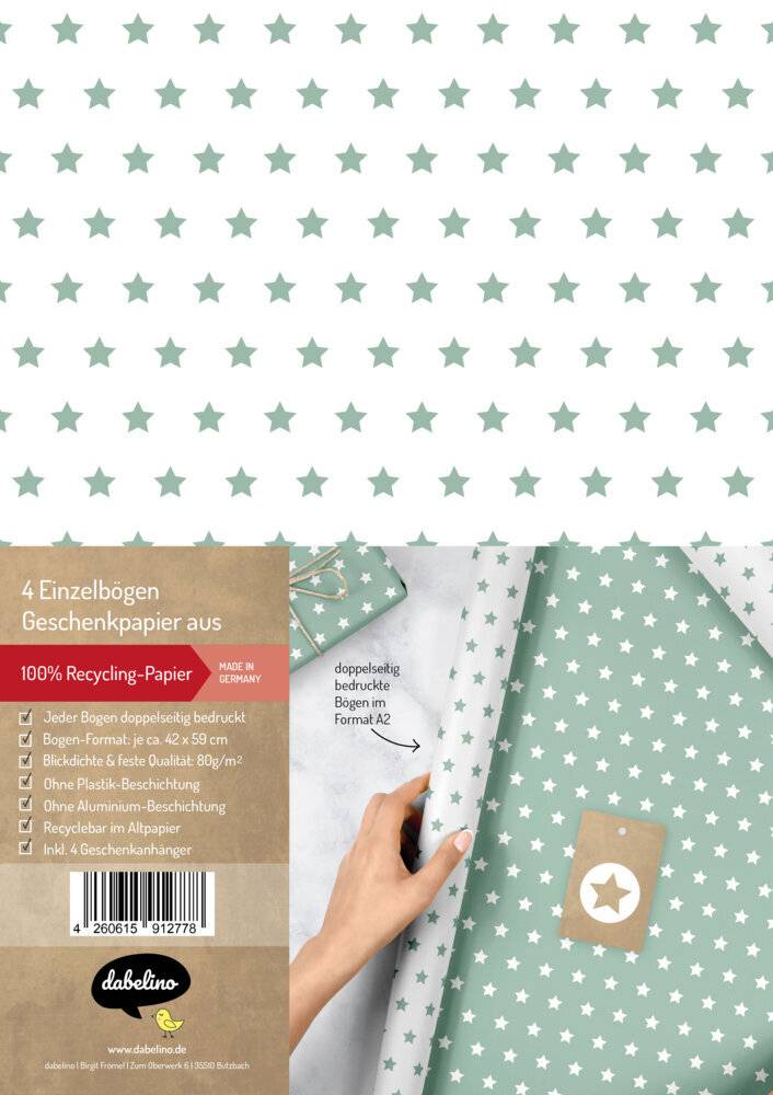 Geschenkpapier-Set für Sterne (mint-grün/ weiß) 4x Einzelbögen + 4x Anhänger