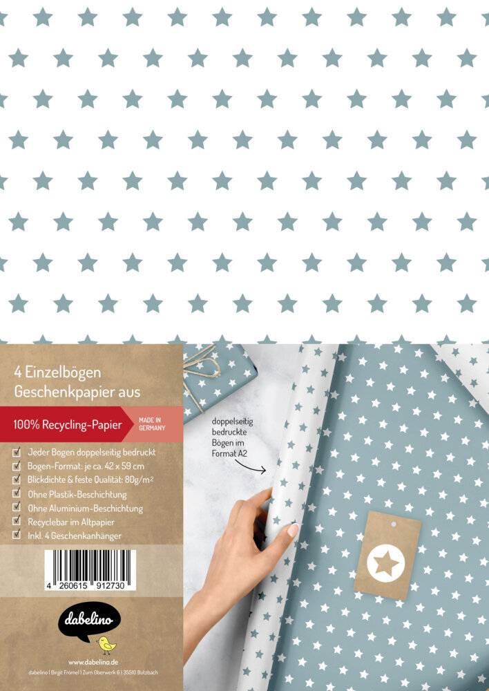 Geschenkpapier-Set für Sterne (graublau / weiß) 4x Einzelbögen + 4x Anhänger
