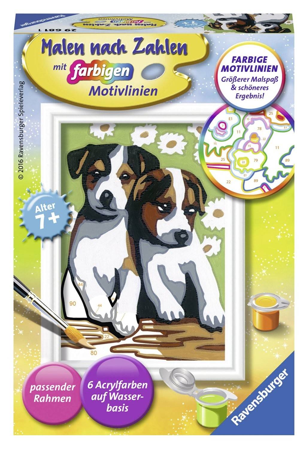 Ravensburger 29681 - Malen nach Zahlen, Süße Welpen Mit farbigen Motivlinien, Jeder kann malen, Maltafel 8,5 x 12 cm, Mit 6 Acrylfarben auf Wasserba