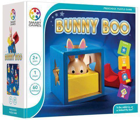 Bunny Boo Preschool Puzzle Game - Is the rabbit in, on or behind the box?, Spieleranzahl: 1, Spieldauer (Min.): beliebig, Vorschulspiel, 60 Challenges