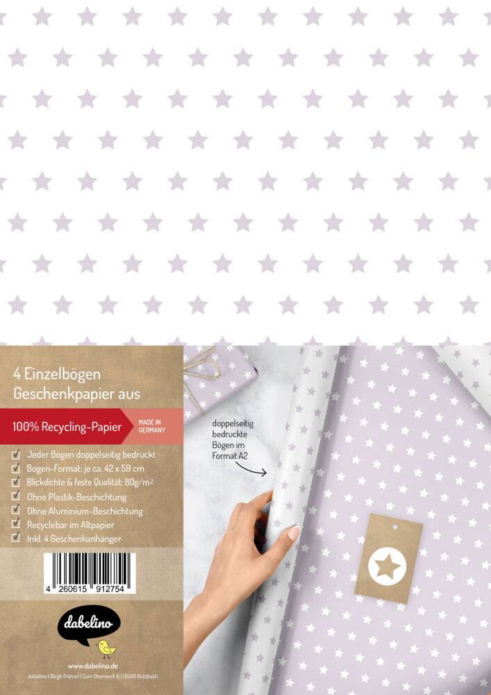 Geschenkpapier-Set für Sterne (pastell-lila/ weiß) 4x Einzelbögen + 4x Anhänger