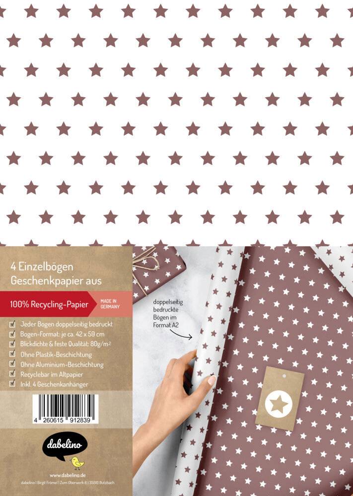 Geschenkpapier-Set für Sterne (rot-braun/ weiß) 4x Einzelbögen + 4x Anhänger